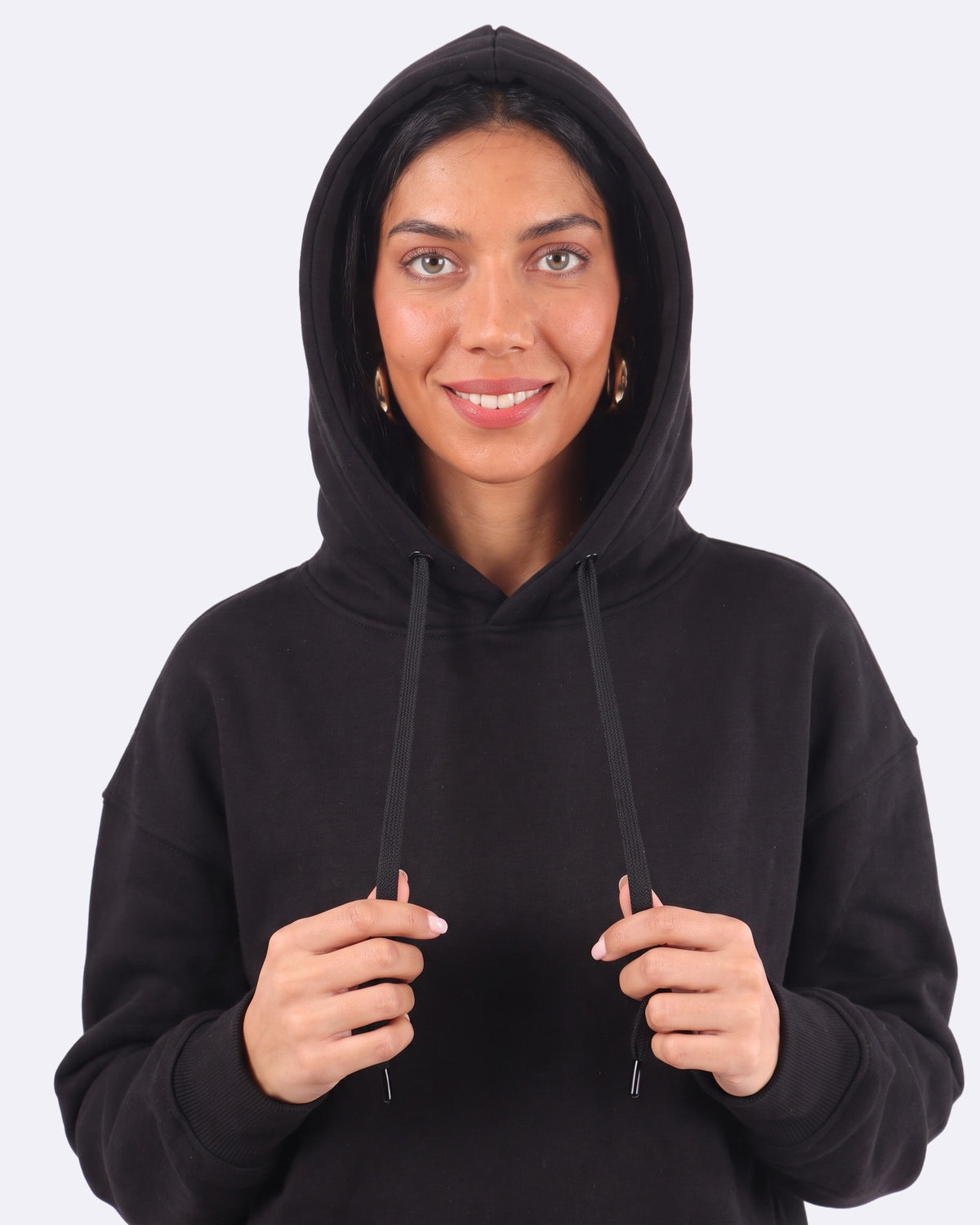 Cozee Cloud Hoodie – Black, hood up
