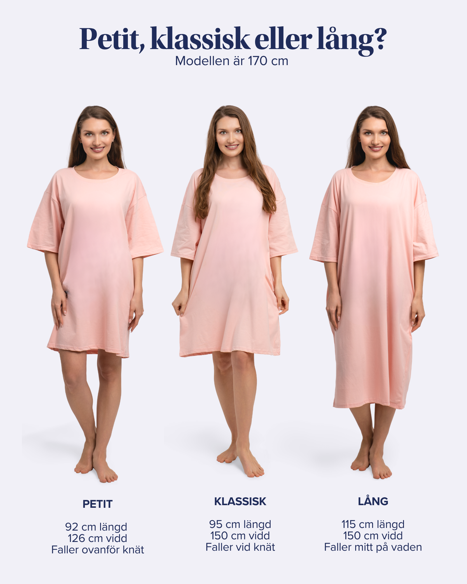 Storleksguide Cozee Tee – Petit, Klassisk och Lång på modell 170 cm