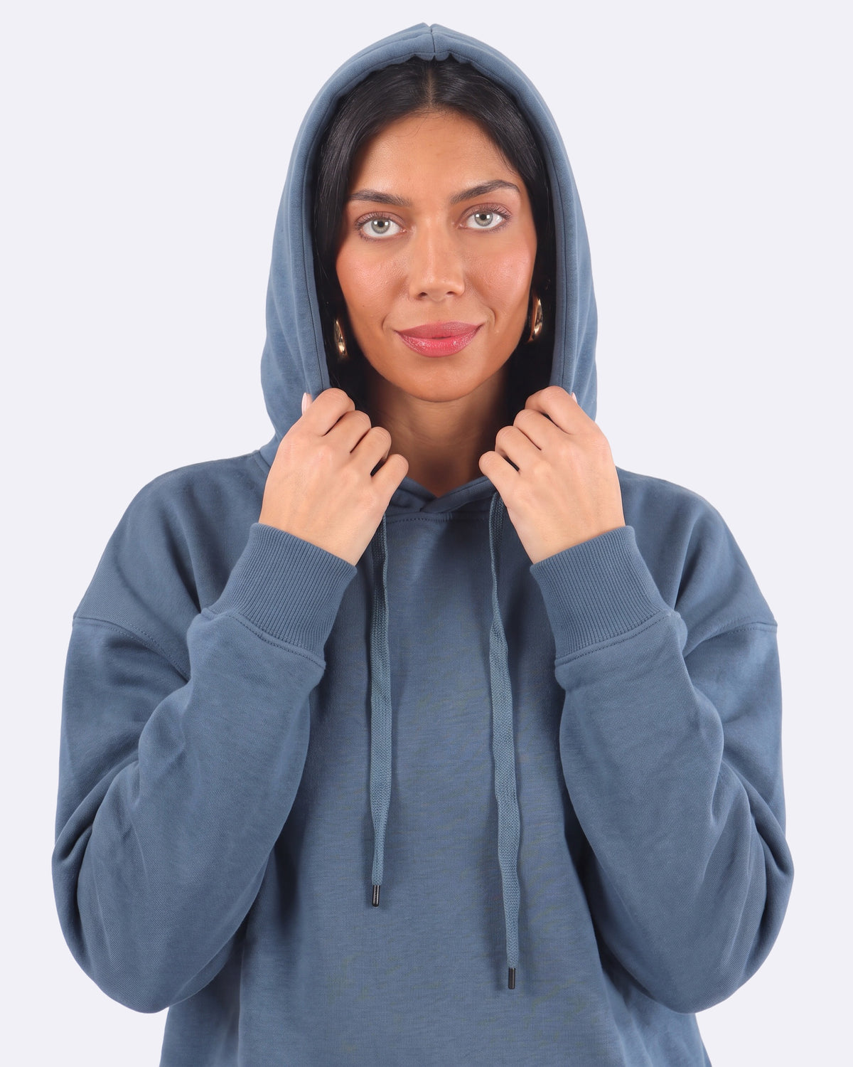 Cozee Cloud Hoodie – Dusty Blue, hood up